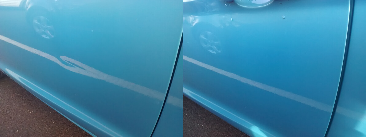 blue car before and after dent repair