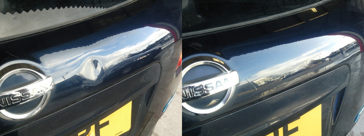blue Nissan before and after dent repair