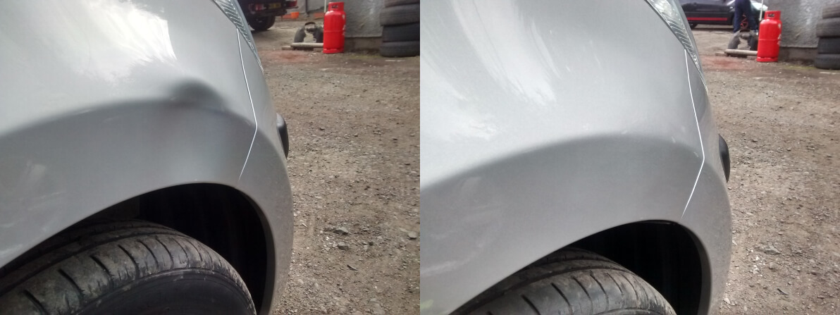 silver car before and after dent repair