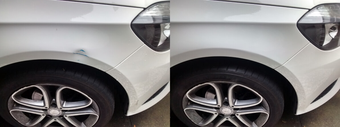 white Mercedes before and after dent repair